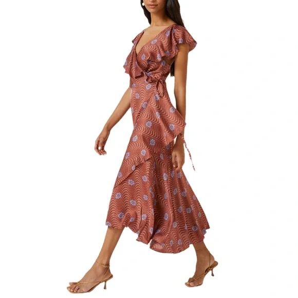 Anthropologie | Dresses | Anthropologie Dress Ruffle Sleeve Printed Wrap Maxi  Dress In Brown Motif Nwot | Poshmark